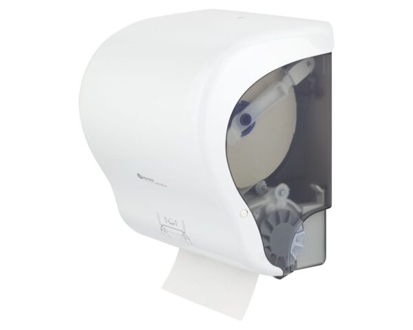 Mechaniczny podajnik ręczników papierowych w rolach MERIDA LUX CUT AUTOMATIC MAXI, tworzywo ABS, biały Mechaniczny podajnik ręczników papierowych w rolach MERIDA LUX CUT AUTOMATIC MAXI, tworzywo ABS, biały