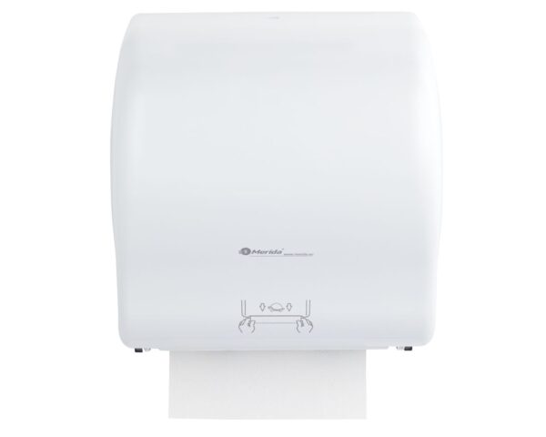 Mechaniczny podajnik ręczników papierowych w rolach MERIDA LUX CUT AUTOMATIC MAXI, tworzywo ABS, biały Mechaniczny podajnik ręczników papierowych w rolach MERIDA LUX CUT AUTOMATIC MAXI, tworzywo ABS, biały