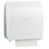 Mechaniczny podajnik ręczników papierowych w rolach MERIDA SOLID CUT AUTOMATIC MAXI, tworzywo ABS, front pełen biały - mat, tył transparentny jasny - mat