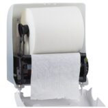 Mechaniczny podajnik ręczników papierowych w rolach MERIDA SOLID CUT AUTOMATIC MAXI, tworzywo ABS, front pełen biały - mat, tył transparentny jasny - mat