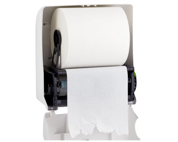 Mechaniczny podajnik ręczników papierowych w rolach MERIDA TOP AUTOMATIC MAXI, tworzywo ABS, biały połysk, okienko szare Mechaniczny podajnik ręczników papierowych w rolach MERIDA TOP AUTOMATIC MAXI, tworzywo ABS, biały połysk, okienko szare