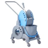 Wózek serwisowy do sprzątania, jednowiadrowy, wiadro 15 l, kuweta 8 l, niebieska prasa
