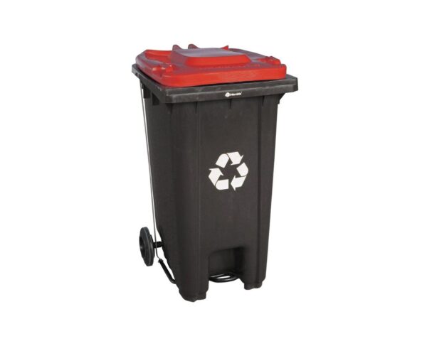 Kosz na odpady SZARY, na kółkach, otwierany przyciskiem pedałowym 240 l, bez pokrywy Kosz na odpady SZARY, na kółkach, otwierany przyciskiem pedałowym 240 l, bez pokrywy