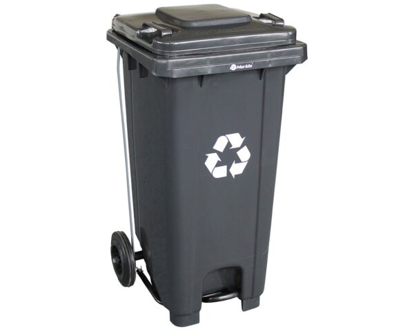 Kosz na odpady SZARY, na kółkach, otwierany przyciskiem pedałowym 240 l, bez pokrywy Kosz na odpady SZARY, na kółkach, otwierany przyciskiem pedałowym 240 l, bez pokrywy