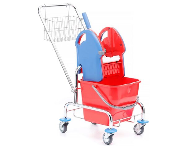 Wózek do sprzątania jednowiadrowy chromowany, wiadro 20 l, prasa do mopów, koszyk metalowy