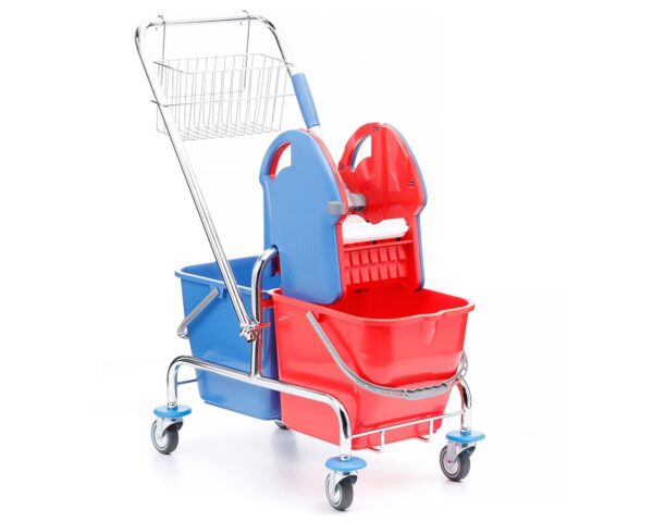 Wózek do sprzątania dwuwiadrowy chromowany, 2 wiadra 20 l, prasa do mopów, koszyk metalowy