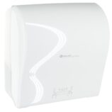 Mechaniczny podajnik ręczników papierowych w rolach MERIDA SOLID CUT AUTOMATIC MAXI, tworzywo ABS, front pełen biały - połysk, tył transparentny jasny - połysk