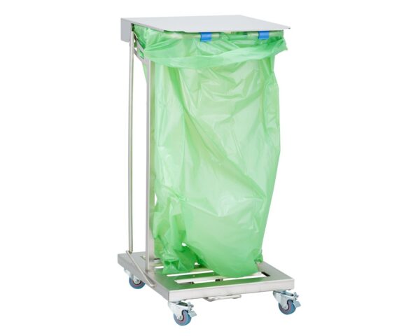 Stelaż na worki, z wolno opadającą pokrywą i przyciskiem pedałowym, na kółkach, stal matowa Stelaż na worki, z wolno opadającą pokrywą i przyciskiem pedałowym, na kółkach, stal matowa