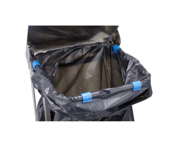 Stelaż na worki, z wolno opadającą pokrywą i przyciskiem pedałowym, na kółkach, stal matowa Stelaż na worki, z wolno opadającą pokrywą i przyciskiem pedałowym, na kółkach, stal matowa