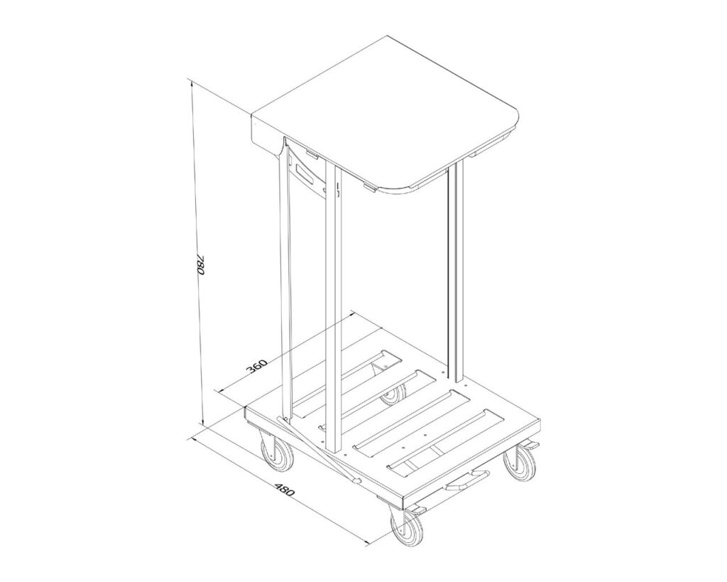 Stelaż na worki, z wolno opadającą pokrywą i przyciskiem pedałowym, na kółkach, stal matowa