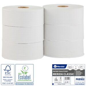 Papier toaletowy MERIDA CLASSIC , biały, średnica 23 cm, długość 340 m, jednowarstwowy, zgrzewka 6 szt., ECOLABEL