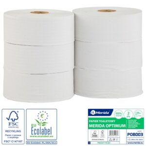 Papier toaletowy MERIDA OPTIMUM, biały, średnica 28 cm, długość 340 m, dwuwarstwowy, zgrzewka 6 szt., ECOLABEL