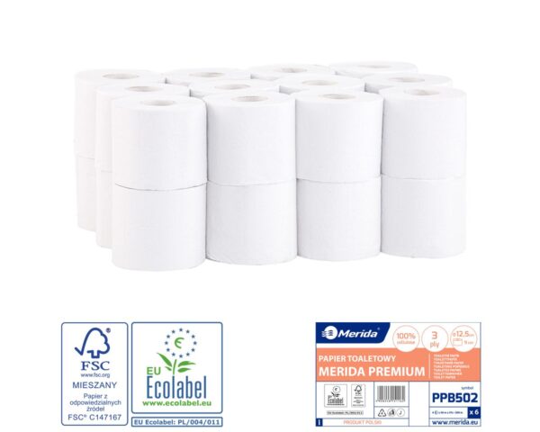 Papier toaletowy MERIDA PREMIUM, biały, średnica 12,5 cm, długość 50 m, trzywarstwowy, worek 24 szt., ECOLABEL