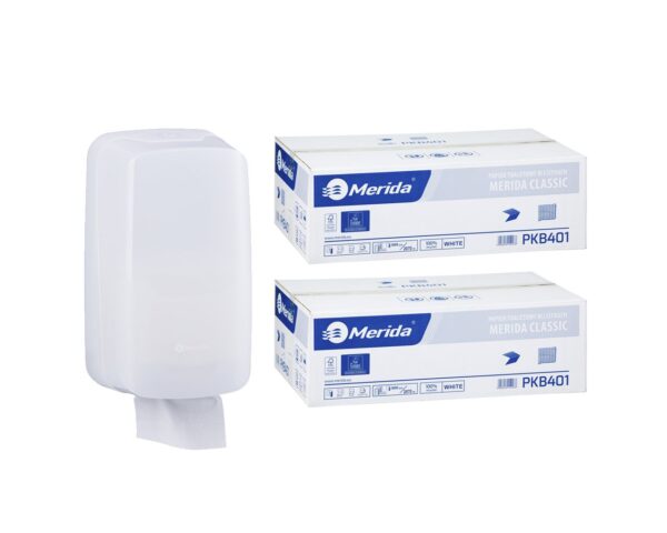 Pojemnik na papier toaletowy w listkach MERIDA HARMONY za 1 zł netto przy zakupie 2 kartonów papierów toaletowych MERIDA CLASSIC PKB401 (18 000 listków)
