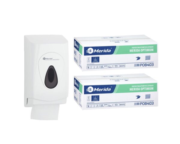 Pojemnik na papier toaletowy w listkach MERIDA TOP za 1 zł netto przy zakupie 2 kartonów papierów toaletowych MERIDA OPTIMUM POB403 (18 000 listków)