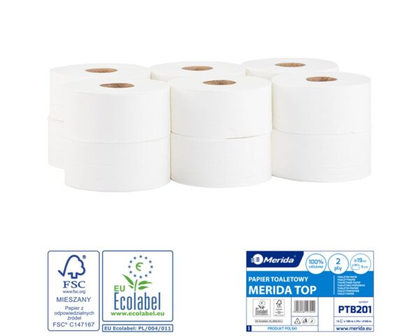 Papier toaletowy MERIDA TOP, biały, średnica 19 cm, długość 180 m, dwuwarstwowy, zgrzewka 12 szt., ECOLABEL