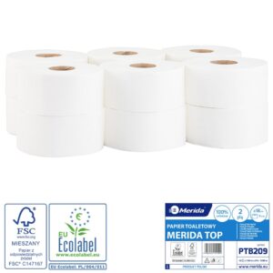 Papier toaletowy MERIDA TOP, biały, średnica 18 cm, długość 100 m, dwuwarstwowy, zgrzewka 12 szt., ECOLABEL