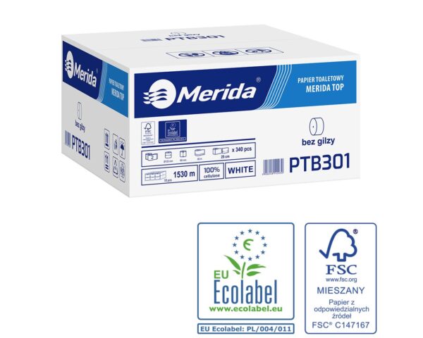 Pojemnik na cztery rolki papieru toaletowego bez gilzy MERIDA HARMONY za 75 zł netto przy zakupie 2 kartonów papiery toaletowego MERIDA TOP PTB301 (36 x 85 m = 3060 m, 12 240 listków)