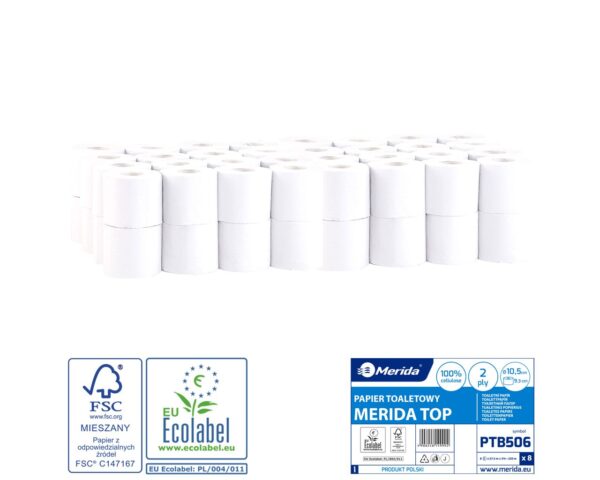 Papier toaletowy MERIDA TOP, biały, średnica 10,5 cm, długość 27,5 m, dwuwarstwowy, worek 64 szt., ECOLABEL