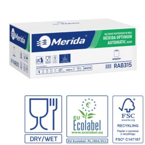 Ręczniki papierowe w roli z adaptorem, MERIDA OPTIMUM AUTOMATIC MAXI ECOLABEL, dwuwarstwowe, białe, średnica 19,5 cm, długość 240 m, karton 6 rolek