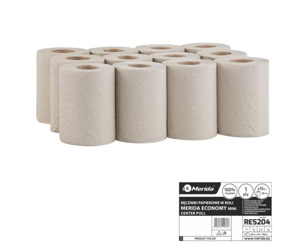 Ręczniki papierowe w roli MERIDA ECONOMY MINI, szare, jednowarstwowy, długość 60 m, opakowanie 12 rolek