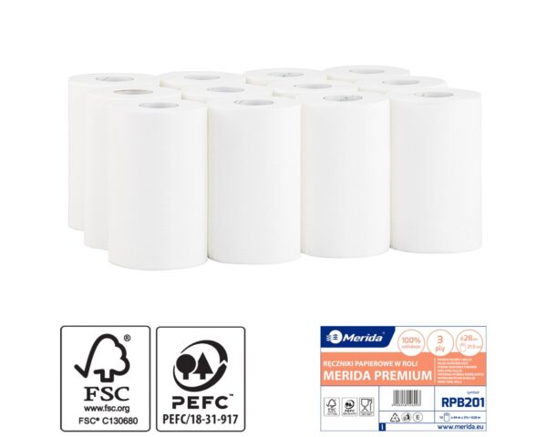 Ręczniki papierowe w roli MERIDA PREMIUM MINI, białe, średnica 13 cm, długość 44 m, trzywarstwowe, zgrzewka 12 rolek