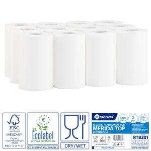 Ręczniki papierowe w roli MERIDA TOP MINI, białe, średnica 13 cm, długość 70 m, dwuwarstwowe, zgrzewka 12 rolek, ECOLABEL