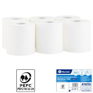 Ręczniki papierowe w roli MERIDA TOP CENTER PULL MAXI, białe, średnica 18 cm, długość 161,5 m, dwuwarstwowe, zgrzewka 6 rolek