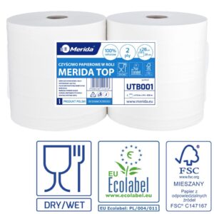 Czyściwo papierowe MERIDA TOP 28, długość 410 m, dwuwarstwowe, BIAŁE, zgrzewka 2 sztuki, ECOLABEL