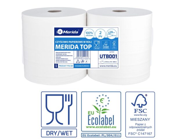 Czyściwo papierowe MERIDA TOP 28, długość 410 m, dwuwarstwowe, BIAŁE, zgrzewka 2 sztuki, ECOLABEL
