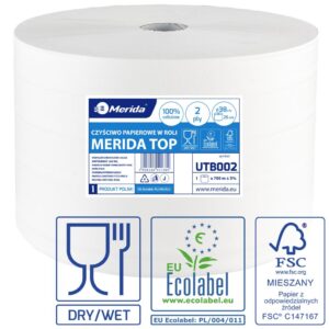 Czyściwo papierowe MERIDA TOP 38, długość 700 m, dwuwarstwowe, BIAŁE, zgrzewka 1 sztuka, ECOLABEL