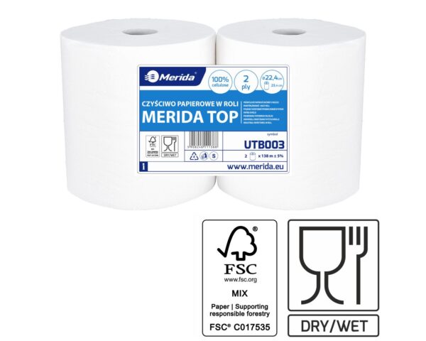 Czyściwo papierowe MERIDA TOP 22.5, długość 137,5 m, dwuwarstwowe, BIAŁE, zgrzewka 2 sztuki