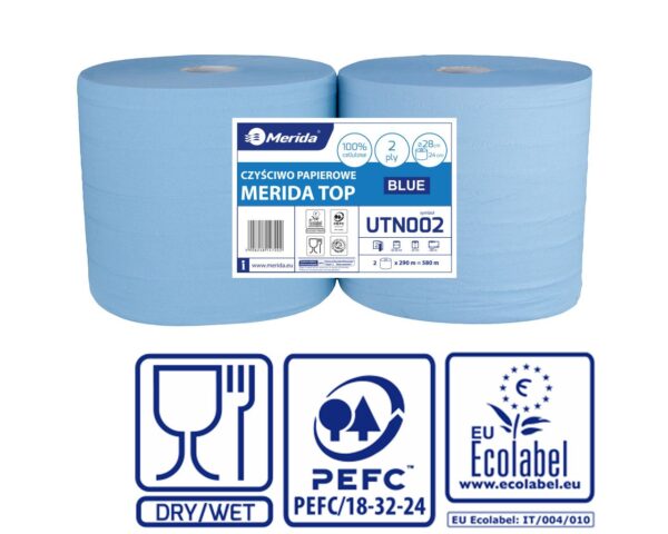 Czyściwo papierowe MERIDA TOP 28, długość 290 m, dwuwarstwowe, NIEBIESKIE, zgrzewka 2 sztuki, ECOLABEL Czyściwo papierowe MERIDA TOP 28, długość 290 m, dwuwarstwowe, NIEBIESKIE, zgrzewka 2 sztuki, ECOLABEL