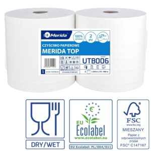 Czyściwo papierowe MERIDA TOP 24, długość 300 m, dwuwarstwowe, BIAŁE, zgrzewka 2 sztuki, ECOLABEL