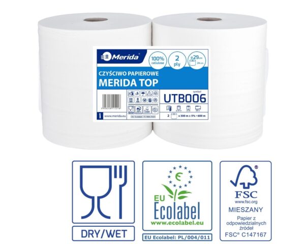 Czyściwo papierowe MERIDA TOP 24, długość 300 m, dwuwarstwowe, BIAŁE, zgrzewka 2 sztuki, ECOLABEL