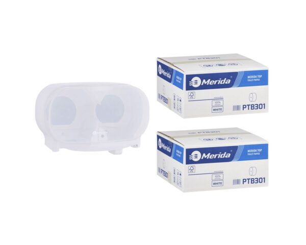 Pojemnik na dwie rolki papieru toaletowego bez gilzy MERIDA HARMONY za 50 zł netto przy zakupie 2 kartonów papieru toaletowego MERIDA TOP PTB301 (36 x 85 m = 3060 m, 12 240 listków)
