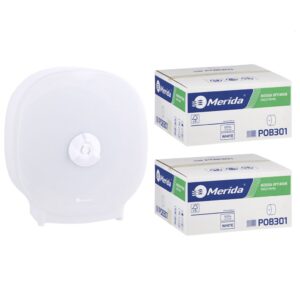 Pojemnik na cztery rolki papieru toaletowego bez gilzy MERIDA HARMONY za 75 zł netto przy zakupie 2 kartonów papiery toaletowego MERIDA OPTIMUM POB301 (36 x 85 m = 3060 m, 12 240 listków)