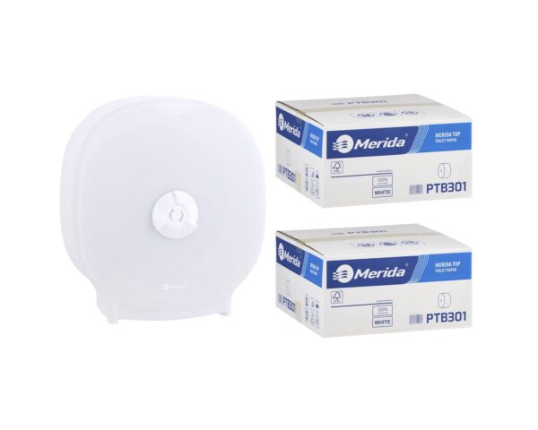 Pojemnik na cztery rolki papieru toaletowego bez gilzy MERIDA HARMONY za 75 zł netto przy zakupie 2 kartonów papiery toaletowego MERIDA TOP PTB301 (36 x 85 m = 3060 m, 12 240 listków)