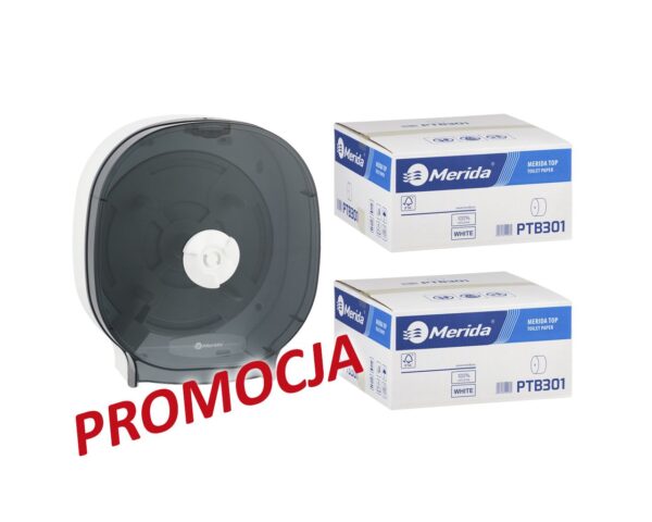 Pojemnik na cztery rolki papieru toaletowego bez gilzy MERIDA ONE biały za 75 zł netto przy zakupie 2 kartonów papiery toaletowego MERIDA TOP PTB301 (36 x 85 m = 3060 m, 12 240 listków)