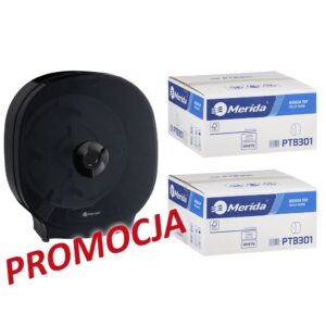 Pojemnik na cztery rolki papieru toaletowego bez gilzy MERIDA ONE czarny za 75 zł netto przy zakupie 2 kartonów papiery toaletowego MERIDA TOP PTB301 (36 x 85 m = 3060 m, 12 240 listków)
