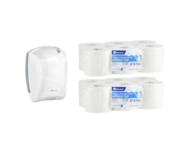 Pojemnik na ręczniki w roli CENTER PULL biały za 75 zł netto przy zakupie 2 opakowań ręczników w roli MERIDA TOP MINI RTB704 (12 x 130 m = 1560 m) Pojemnik na ręczniki w roli CENTER PULL biały za 75 zł netto przy zakupie 2 opakowań ręczników w roli MERIDA TOP MINI RTB704 (12 x 130 m = 1560 m)
