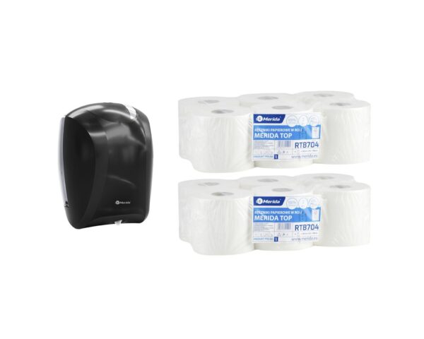 Pojemnik na ręczniki w roli CENTER PULL czarny za 75 zł netto przy zakupie 2 opakowań ręczników w roli MERIDA TOP MINI RTB704 (12 x 130 m = 1560 m)