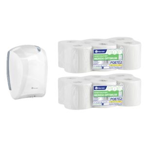 Pojemnik na papier toaletowy w listkach CENTER PULL biały za 75 zł netto przy zakupie 2 opakowań papieru MERIDA OPTIMUM POB702