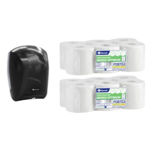 Pojemnik na papier toaletowy w listkach CENTER PULL czarny za 75 zł netto przy zakupie 2 opakowań papieru MERIDA OPTIMUM POB702