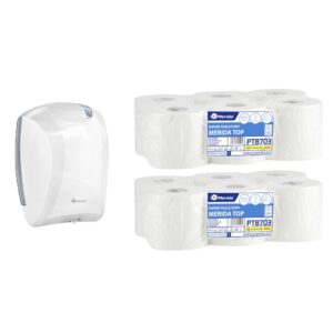 Pojemnik na papier toaletowy w listkach CENTER PULL biały za 75 zł netto przy zakupie 2 opakowań papieru MERIDA TOP PTB703