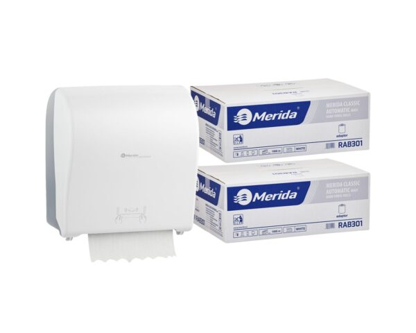 Mechaniczny podajnik ręczników MERIDA SOLID CUT za 100 zł netto przy zakupie 2 kartonów ręczników MERIDA CLASSIC AUTOMATIC RAB301 (12 x 250 m = 3 000 m, 12 500 listków)