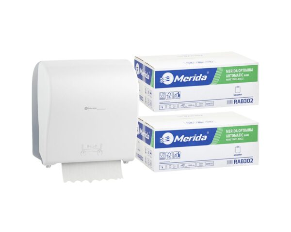 Mechaniczny podajnik ręczników MERIDA SOLID CUT za 100 zł netto przy zakupie 2 kartonów ręczników MERIDA OPTIMUM AUTOMATIC RAB302 (12 x 250 m = 3 000 m, 11 100 listków) Mechaniczny podajnik ręczników MERIDA SOLID CUT za 100 zł netto przy zakupie 2 kartonów ręczników MERIDA OPTIMUM AUTOMATIC RAB302 (12 x 250 m = 3 000 m, 11 100 listków)