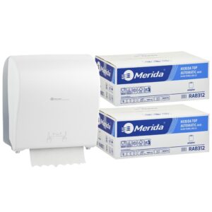 Mechaniczny podajnik ręczników MERIDA SOLID CUT za 100 zł netto przy zakupie 2 kartonów ręczników MERIDA TOP AUTOMATIC RAB312 (12 x 240 m = 2 800 m, 10 656 listków)