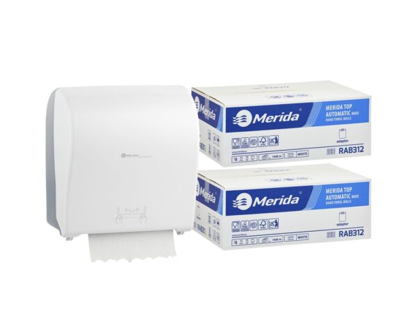Mechaniczny podajnik ręczników MERIDA SOLID CUT za 100 zł netto przy zakupie 2 kartonów ręczników MERIDA TOP AUTOMATIC RAB312 (12 x 240 m = 2 800 m, 10 656 listków)