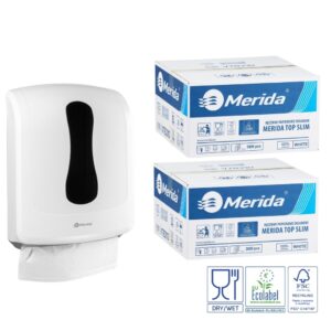 Pojemnik na ręczniki składane MERIDA ONE biały za 1 zł netto przy zakupie 2 kartonów ręczników składanych MERIDA TOP SLIM ECOLABEL VTB210 (2 x 3000 = 6 000 listków)